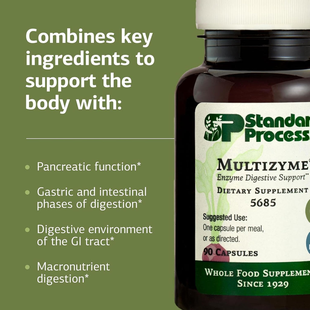 Standard Process Multizyme - Whole Food Pancreas Support, Pancreatin Digestive Enzymes, Digestive Health and Pancreatic Enzymes with Cellulase, Papain, Amylase, Lipase and More - 90 Capsules