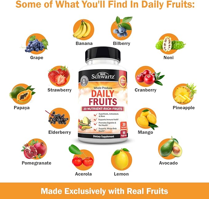 Daily Fruits and Vegetables Supplement for Adults - Super Fruit and Veggies Capsules for Enhanced Energy Gut Health Immune Support & Overall Wellness with 47 Whole Food Fruits and Veggies - 1 Month