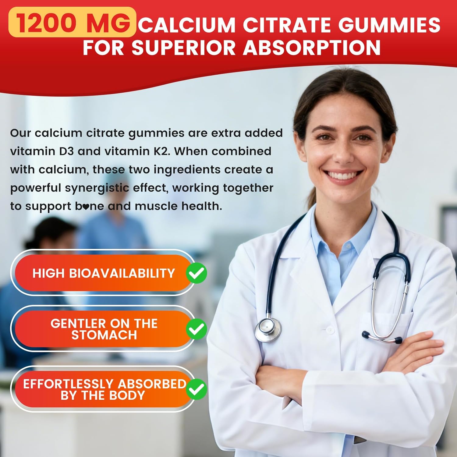 Calcium Citrate Gummies 1200mg, High Absorption Calcium Supplements with Vitamin D3, K2, Magnesium, Zinc for Bone, Muscle & Immune Support, Calcium Gummies for Women & Men, Strawberry Flavor 60 Count