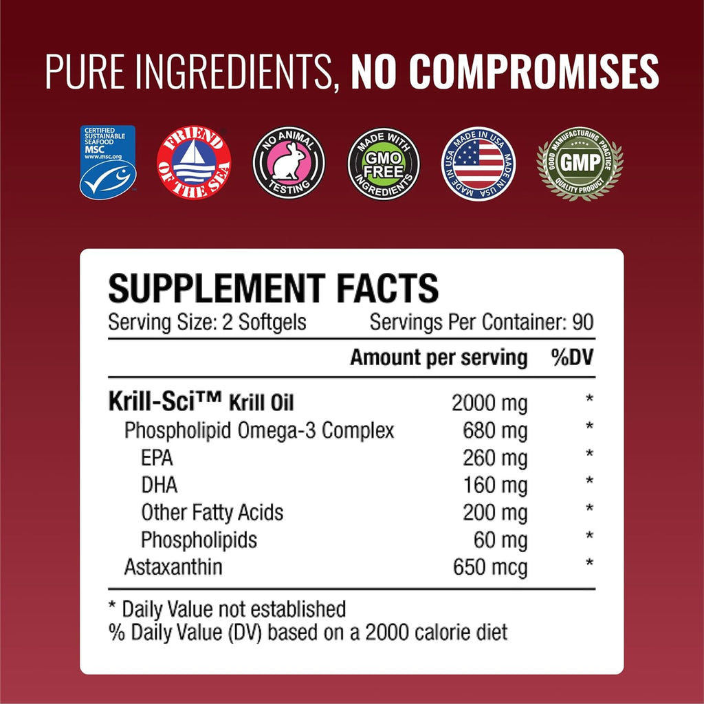 Approved Science Krill Oil - 2000mg Antarctic Krill Oil, 650mcg Astaxanthin - 260mg EPA, 160mg DHA - 180 Softgels
