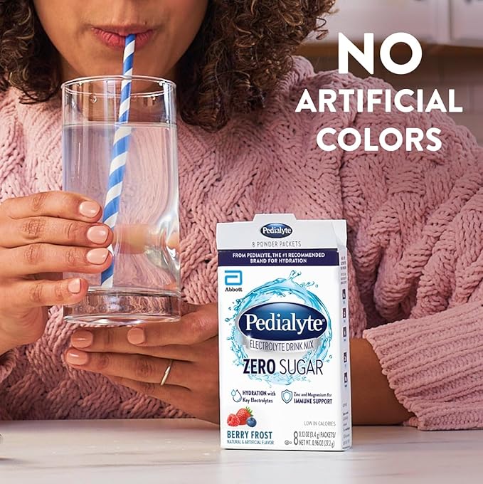 Pedialyte Electrolyte Drink Mix with Zero Sugar | Hydration with Key Electrolytes | Great Hydration Low in Calories | Berry Frost, 24 Powder Packets