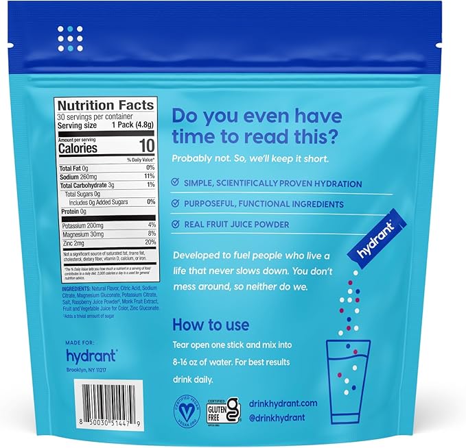 Hydrant Hydrate Zero Sugar, Individual Hydration Electrolyte Powder Stick Packets with Zero Sugar and Electrolytes for Rapid Hydration (Berry Burst, 30 Count)