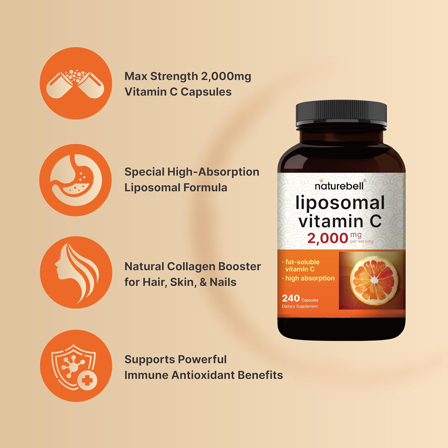 NatureBell Liposomal Vitamin C 2,000mg Per Serving, 240 Capsules | High Absorption Fat-Soluble Vitamins – Immune Support – Collagen Booster – Antioxidant Supplement – Non-GMO