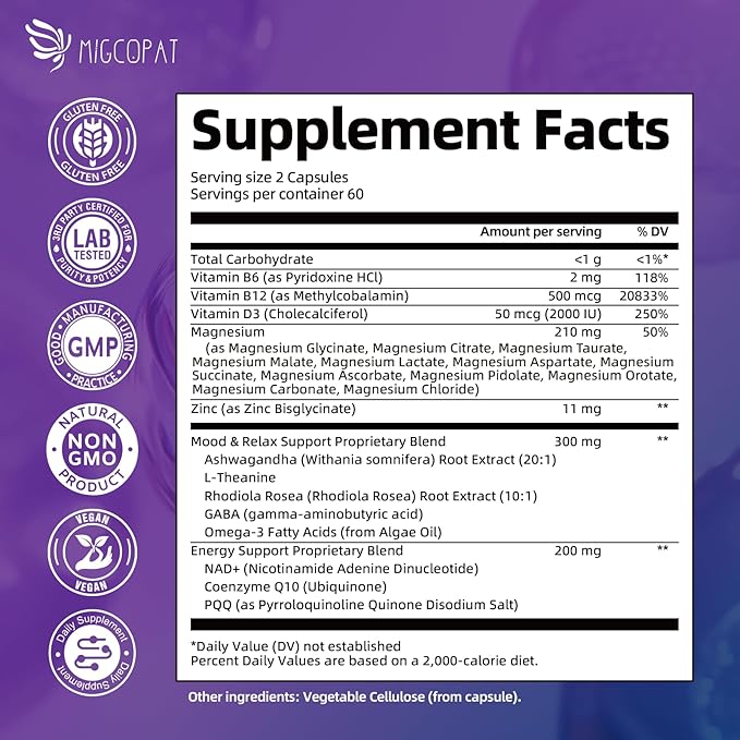 Magnesium Complex w/Magnesium Glycinate, Malate, Citrate | 24-in-1 Magnesium Supplement w/Ashwagandha, L-Theanine & NAD+ | Supports Calm, Energy, Muscle & Sleep | Non-GMO, 120 Vegan Caps