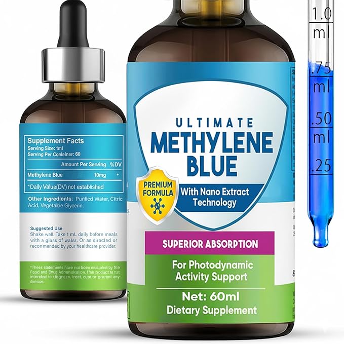 Methylene Blue Pharmaceutical Grade, 2 Fl oz Methylene Blue Drops, Supports Brain Health, Focus, Increased Absorption, Liquid Formula with Dropper, No Formaldehyde & GMO