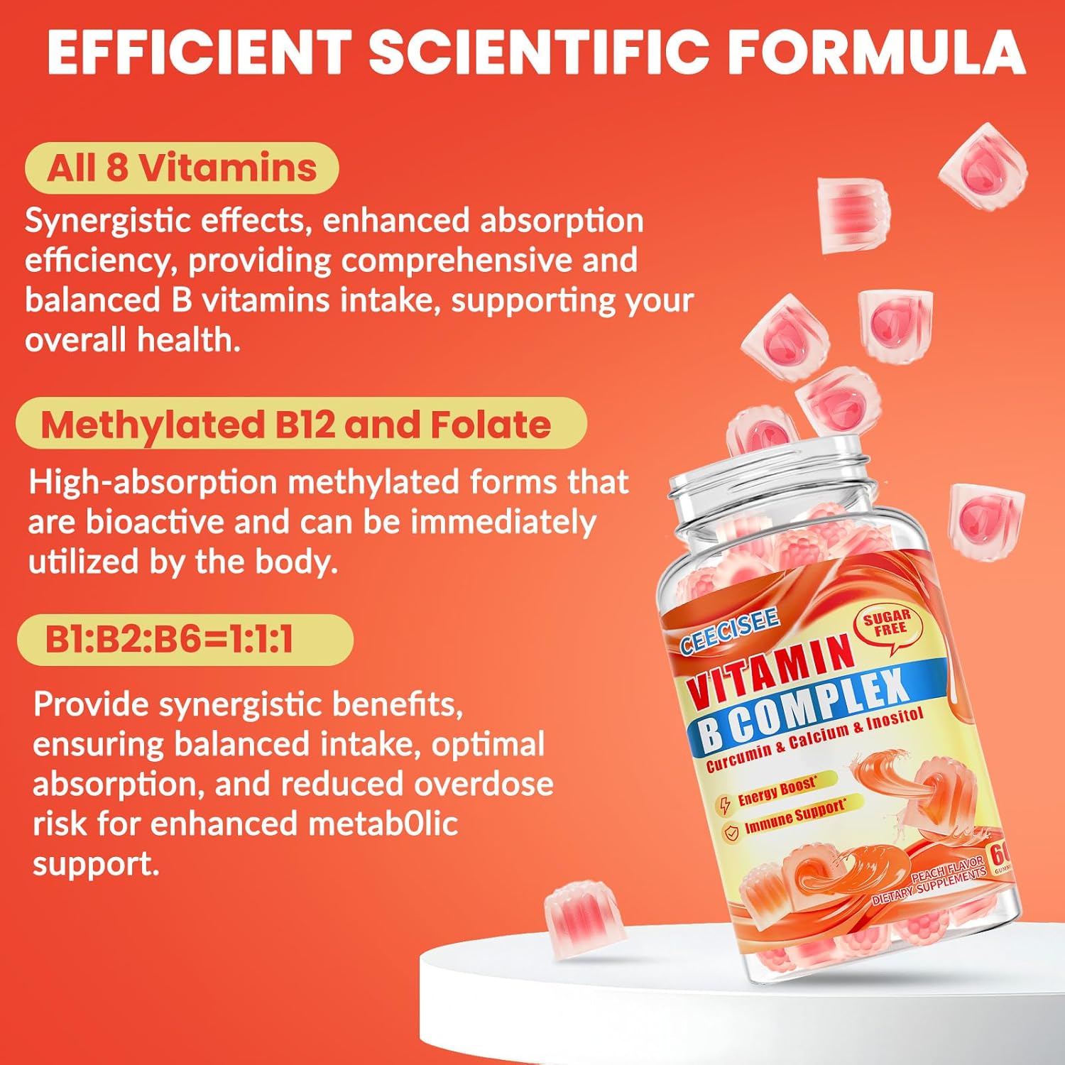 Natural Methylated Vitamins B Gummies: Chewable Supplement Complex with B1 B2 B3 B5 B6 B7 B9 B12 Zinc Magnesium Ashwagandha for Daily Energy Support - for Vegan Work Adults(60Count)