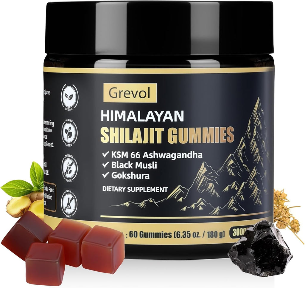 Pure Himalayan Shilajit Gummies with Ashwagandha - Fulvic Acid & 85+ Trace Minerals - No Added Sugar - Shilajit for Men & Women - 60 Gummy