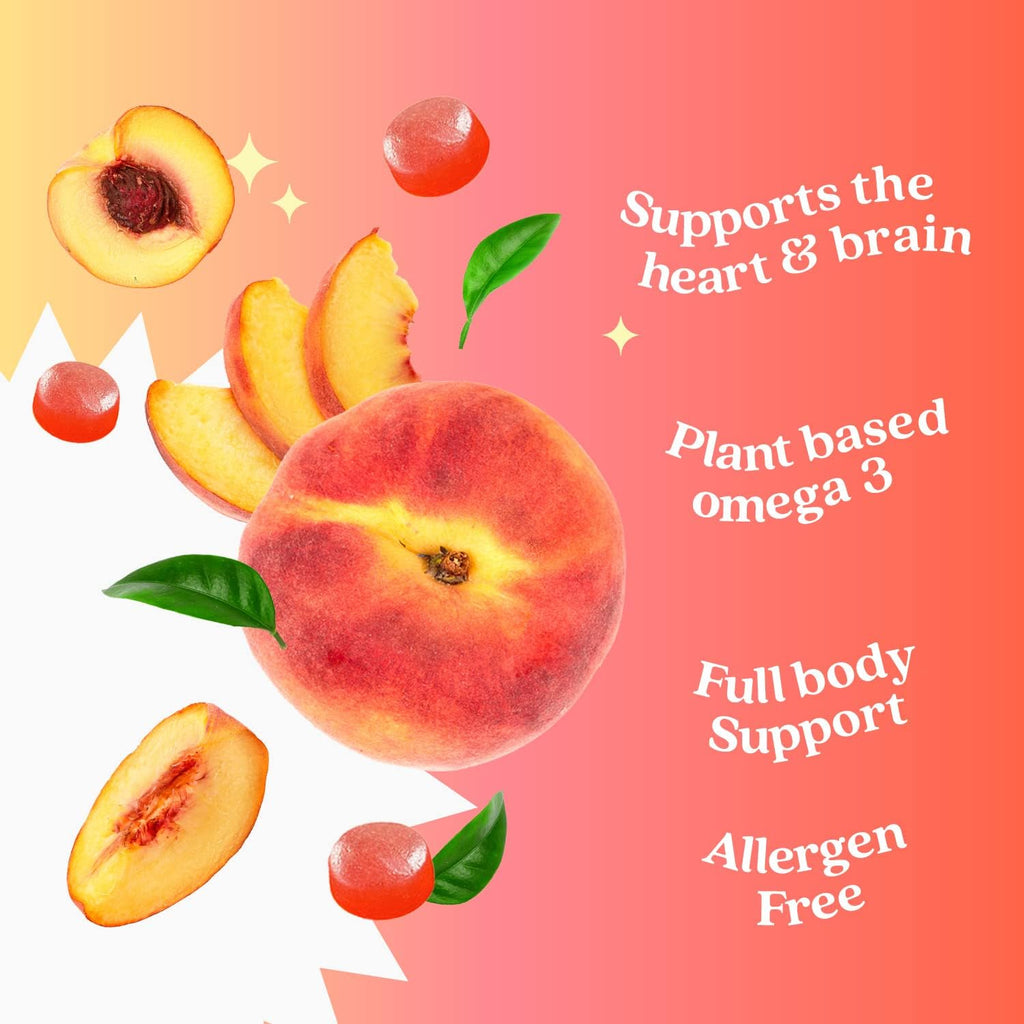 BeLive Organic Omega 3 Gummies - Omega 3 6 9 7 DHA & EPA from Flaxseed Oil & Sea Buckthorn Fruit Oil, Vegan, for Kids & Adults, Full Body, Brain & Eye Support, Sugar Free – Peach | 3-Pack