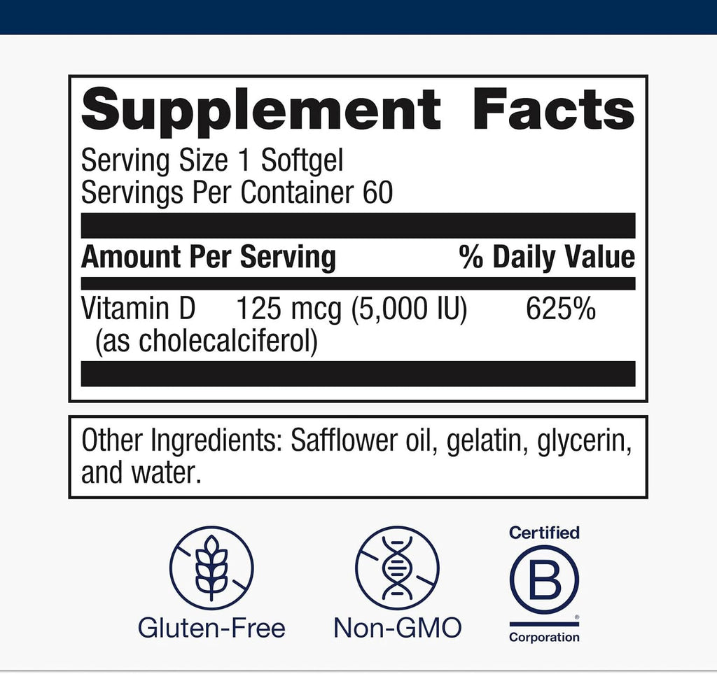 Metagenics Vitamin D3 5000 - for Immune Support, Bone Health & Heart Health* - High Potency Vitamin D - Non-GMO - Gluten-Free - 60 Softgels