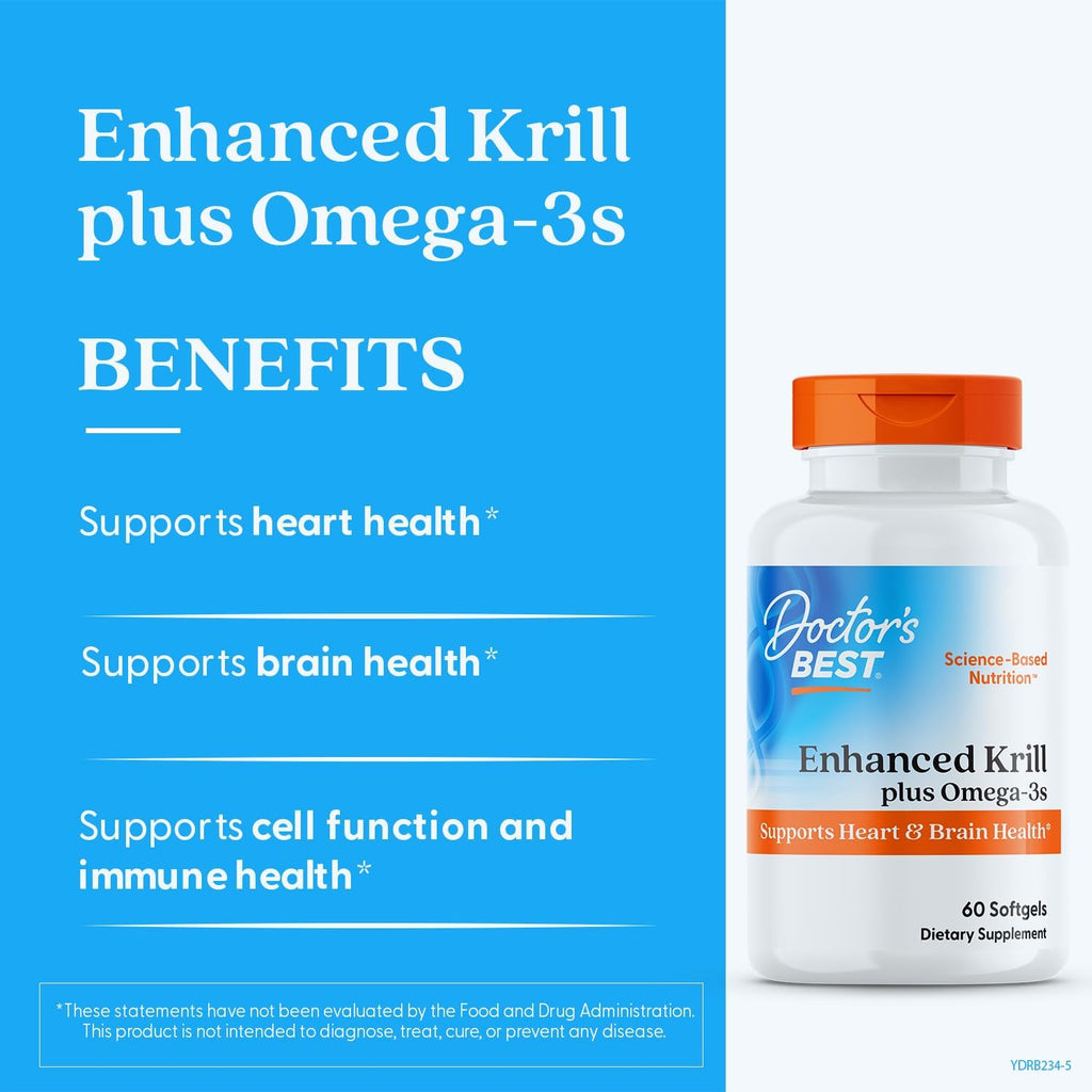 Doctors Best Enhanced Wild Caught Antarctic Krill (Superba2) Plus Omega-3s, Supports Heart & Brain Health, Non-GMO, Gluten Free 60 Softgels