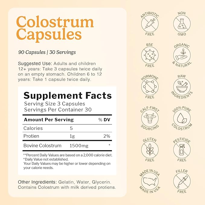 100% Pure Bovine Colostrum (Grass-Fed) | High IgG for Immune Support & Gut Health | Anti-Aging | Colostrum Supplement for Adults & Kids | 90 Capsules | 30 Servings