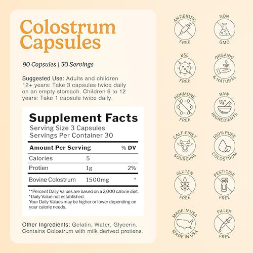 100% Pure Bovine Colostrum (Grass-Fed) | High IgG for Immune Support & Gut Health | Anti-Aging | Colostrum Supplement for Adults & Kids | 90 Capsules | 30 Servings