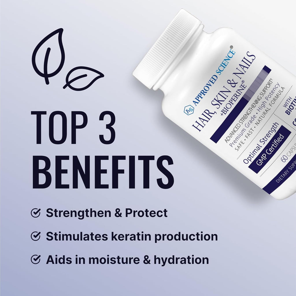 Approved Science Hair, Skin and Nails - Support Supplement - Biotin, Collagen, Vitamin B Complex, Silica, BioPerine - 360 Capsules - 6 Month Supply