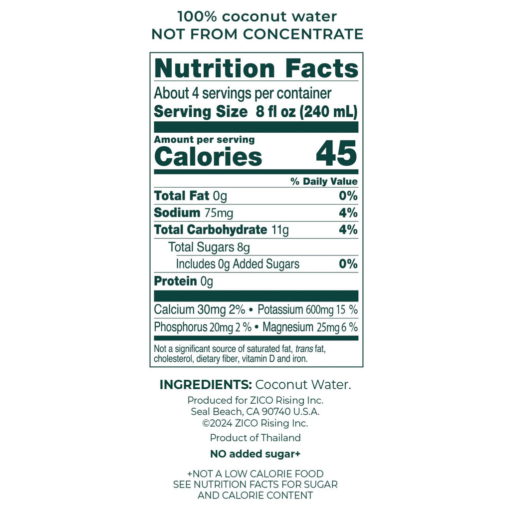 Zico 100% Coconut Water, No added Sugar, Refreshingly Delicious, Hydration with Electrolytes, 33.8 Fl Oz (Pack of 4)