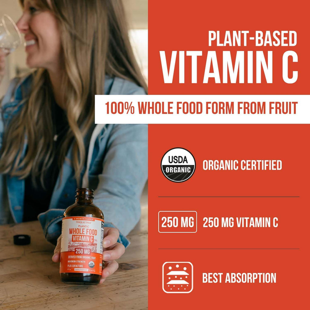Organic Vitamin C Liquid - 250 mg | Whole Food Vitamin C Supplement from Fruit Plus Absorption Cofactors, Rutin & Citrus Bioflavonoids - Immune & Antioxidant Support, Total Health (96 Servings)