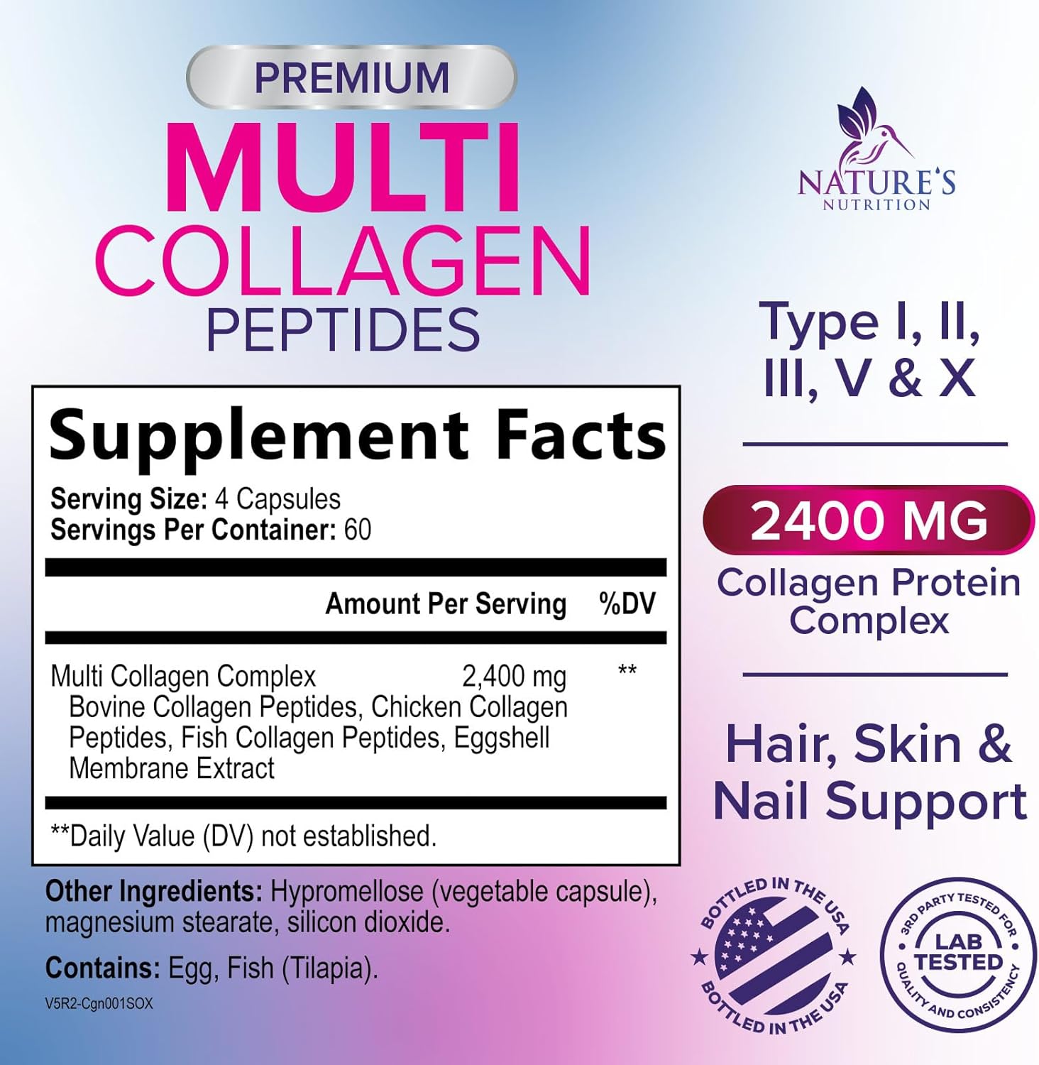 Multi Collagen Supplement 2400 mg - Types I, II, III, V & X Multi Collagen Peptides Pills for Women & Men, Hydrolyzed Collagen Supplements, Hair, Skin, Nail, & Joint Support Supplement - 240 Capsules
