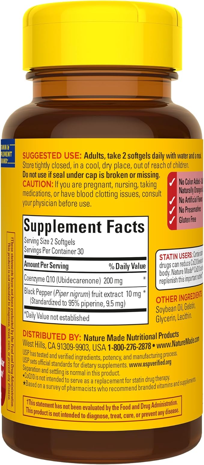 Nature Made CoQ10 200mg per Serving with Black Pepper Extract for Enhanced Nutrient Absorption, CoQ10 Supplement for Heart Health Support, 60 Softgels, 30 Day Supply