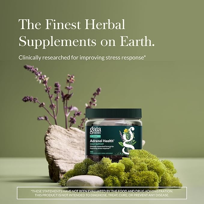 Gaia Herbs Adrenal Health Daily Support - Herbal Supplement with Ashwagandha, Holy Basil & Schisandra - Help Maintain Healthy Energy & Stress Levels* - 180 Vegan Liquid Phyto-Caps (90 Servings)