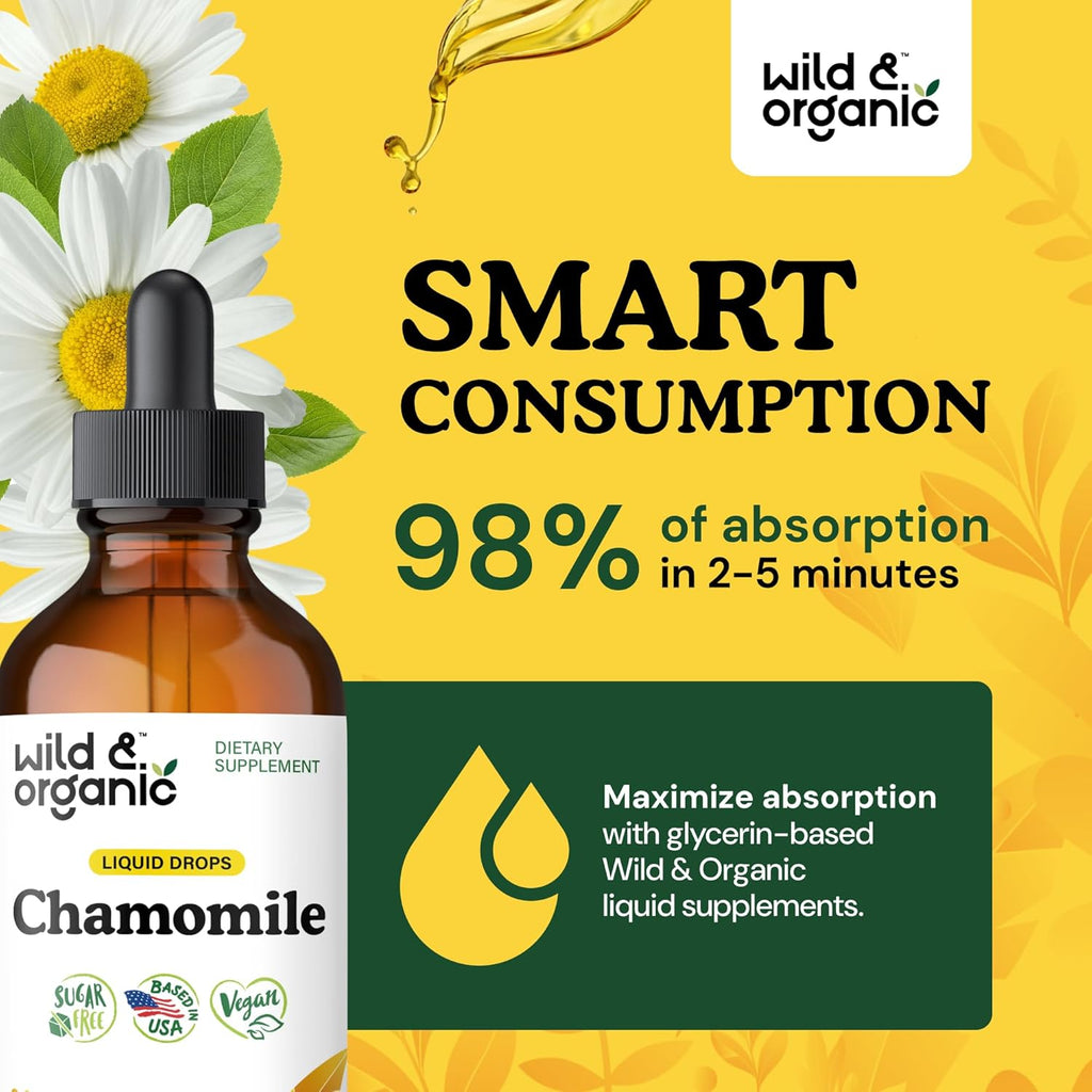 Wild & Organic Chamomile Flowers Tincture - Calming Supplement for Relaxation - Chamomile Extract Liquid Drops - Vegan, Sugar & Alcohol-Free - 4 fl oz