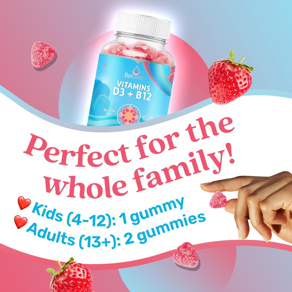 BeLive Vitamin D3 Gummies with B12 Vitamins - Immune Support Gummies with Vegan Vitamin B12 & D3, Provides Enhanced Bone & Muscle Strength, Hearth Health and Energy - Strawberry Flavor | 2-Pack