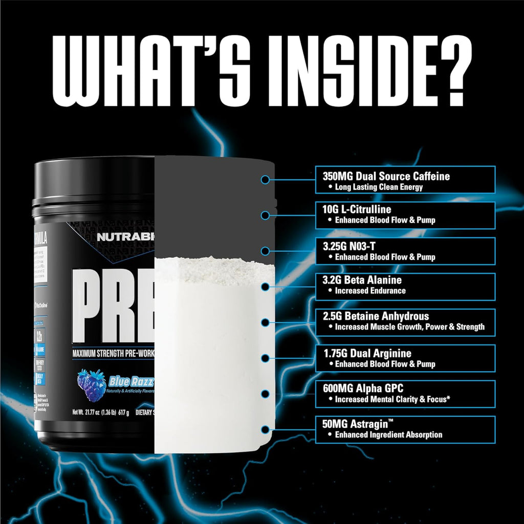 NutraBio PRE Workout Powder - New Formula- Sustained Energy, Mental Focus, Endurance - Beta Alanine, Caffeine, Electrolytes - 20 Servings - Blue Razz