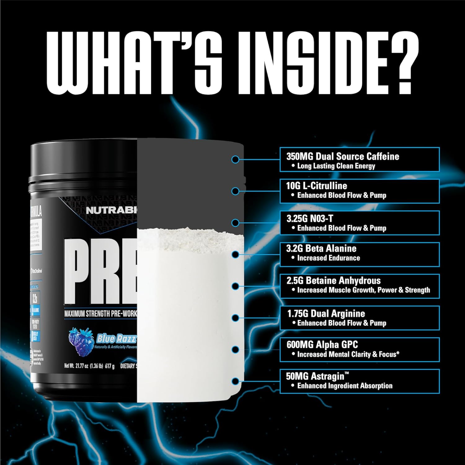 NutraBio PRE Workout Powder - New Formula- Sustained Energy, Mental Focus, Endurance - Beta Alanine, Caffeine, Electrolytes - 20 Servings - Blue Razz