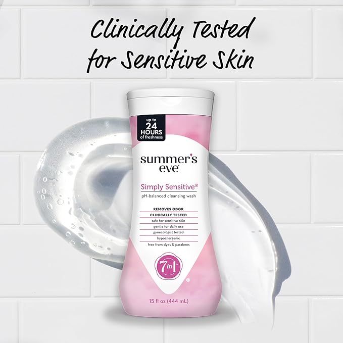 Summer's Eve Simply Sensitive All-Over Daily Feminine Wash, Gentle pH-Balanced Body Wash for Women, Removes Vaginal Odor, 15 Fl Oz, Pack of 3