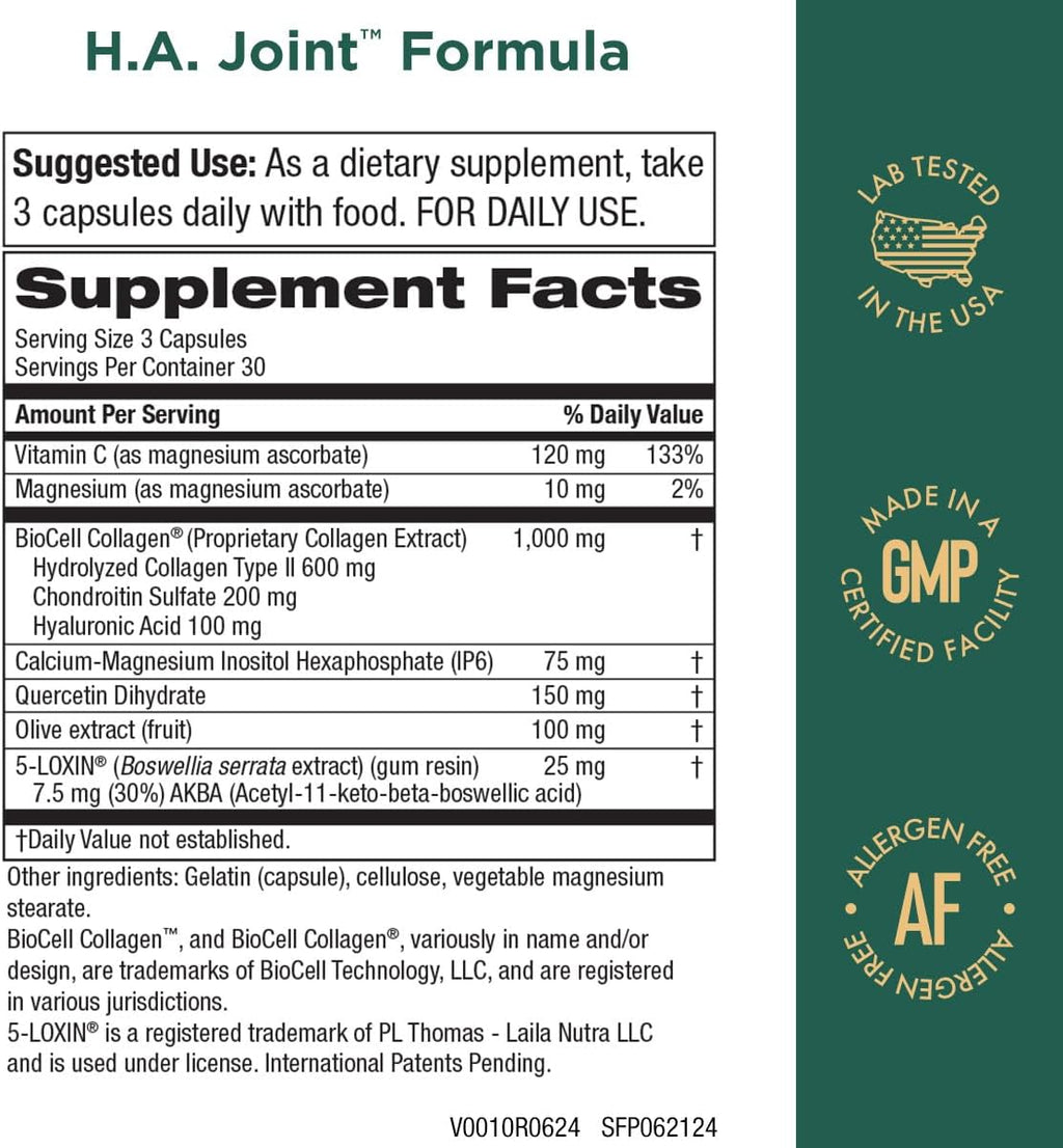 Purity Products HA Joint Formula Hyaluronic Acid + Key CoFactors - Joints + Skin Multi Collagen (Type I, II & III) - 5-Loxin - Olive Fruit Extract - Joint Flexibility + Mobility - 90 Caps
