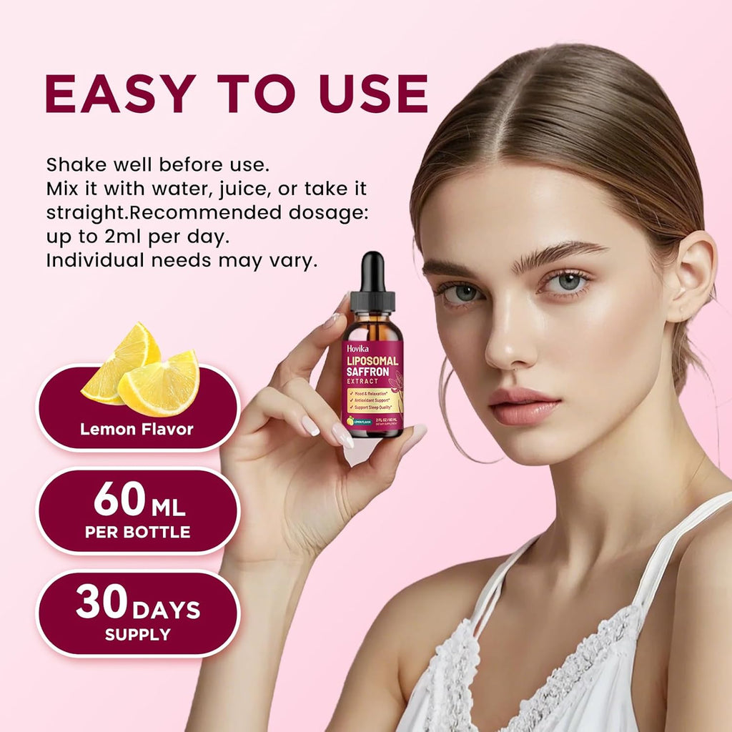 Liposomal Saffron Supplements - 88.5mg Saffron Extract Liquid Drops with L-Theanine, Chamomile, Vitamin C, B6, B12 & D3 for Antioxidant, Immune, Mood, Energy, Focus & Sleep - 2 Fl Oz Lemon Flavor