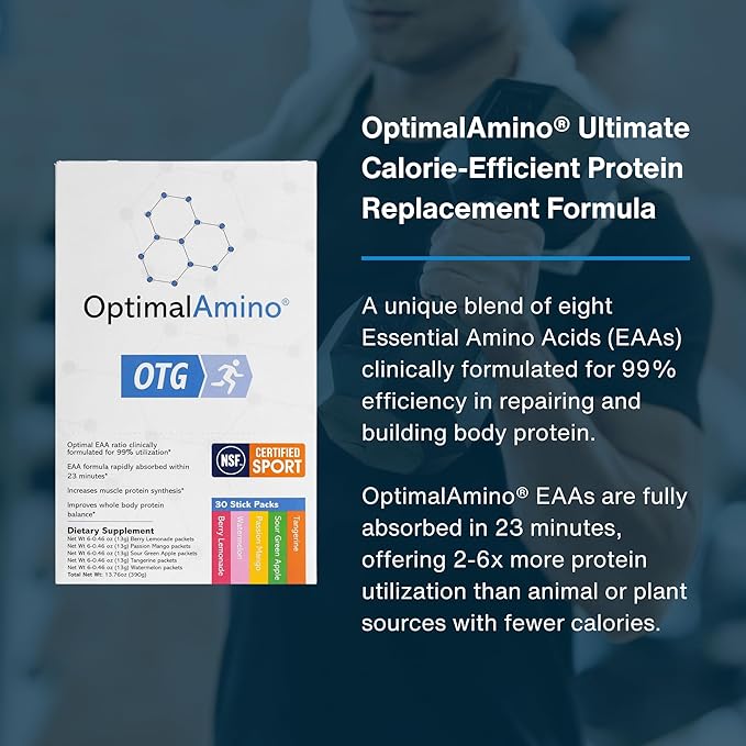 OptimalAmino OTG Stick Packs, 5 Flavor Variety Box (30 Count), 99% Utilized Essential Amino Acid (EAA) Supplement, Increase Muscle Recovery, Vegan/Keto Pre/Post Workout, NSF Certified for Sport