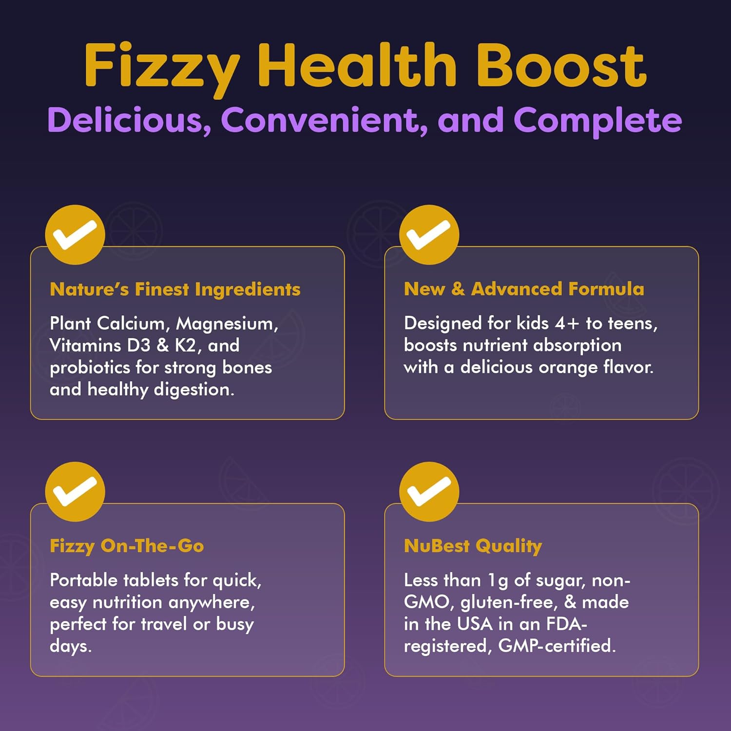 NuBest Tall Fizzy - Bone Strength, Immunity, Digestive Health for Kids & Teens | Probiotic, Calcium, Magnesium from Red Marine Algae, Vitamin D3, K2 & Zinc | 20 Orange Effervescent Tablets - Ages 4+
