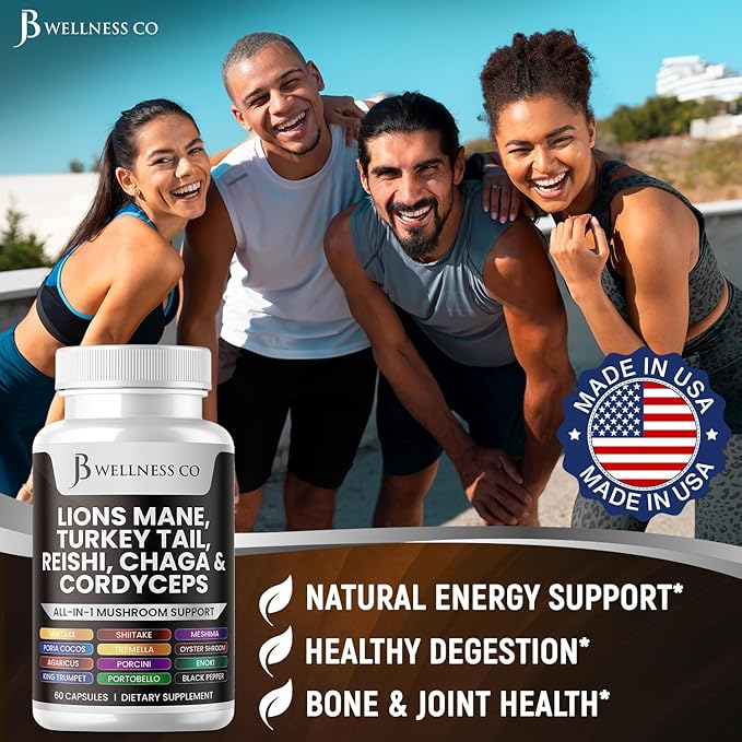 Lions Mane Supplement Cognitive Support, Immune Health with Turkey Tail 20in1 Mushroom Reishi Cordyceps Chaga with Marshmallow Root 60 Count
