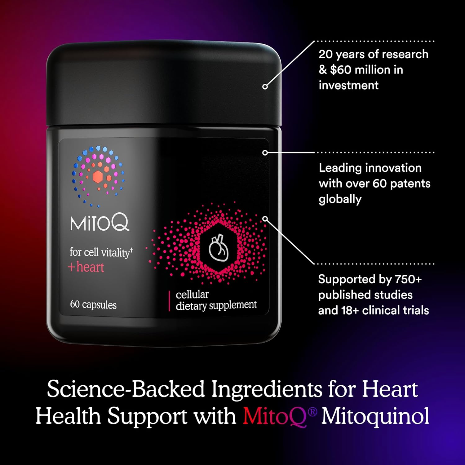 MitoQ +Heart Premium CoQ10 Antioxidant - Contains Mitoquinol Mesylate, Magnesium, L-Carnitine & Vitamin D3 - Supports Cardiovascular and Circulatory Health, & Cell Vitality (60 Capsules)
