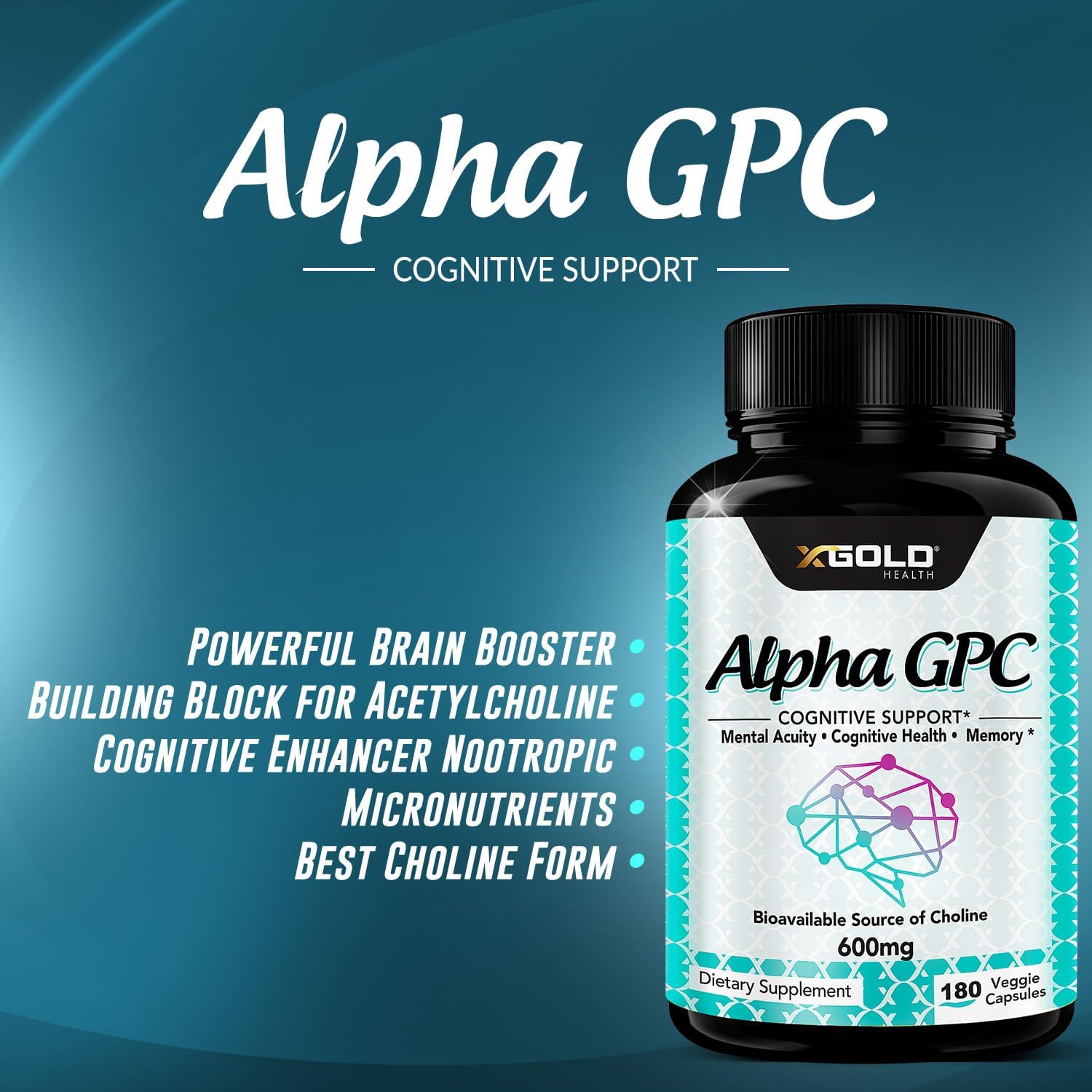 Alpha GPC Choline Supplement 600mg, 99%+ Highly Purified, Highly Bioavailable Source of Choline,180 Veggie Capsules, Cognitive Enhancer Nootropic, Supports Memory & Brain Function, Boosts Focus & Mood