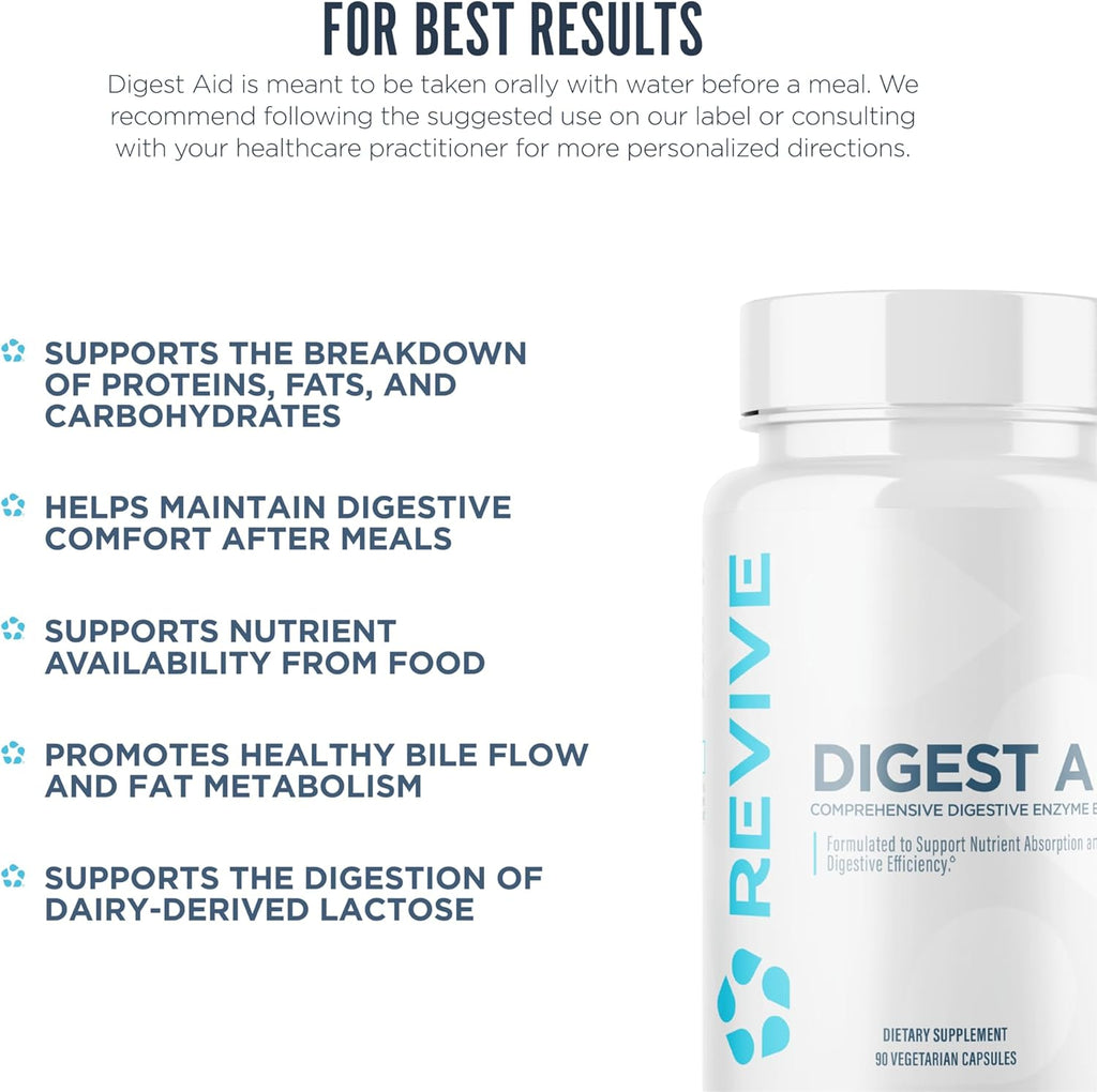 Revive MD Digest Aid, Digestive Support Supplement for Men & Women - Comprehensive Digestive Enzyme Blend with Probiotics & Prebiotics for Gut Health & Healthy Digestion - 90 Capsules