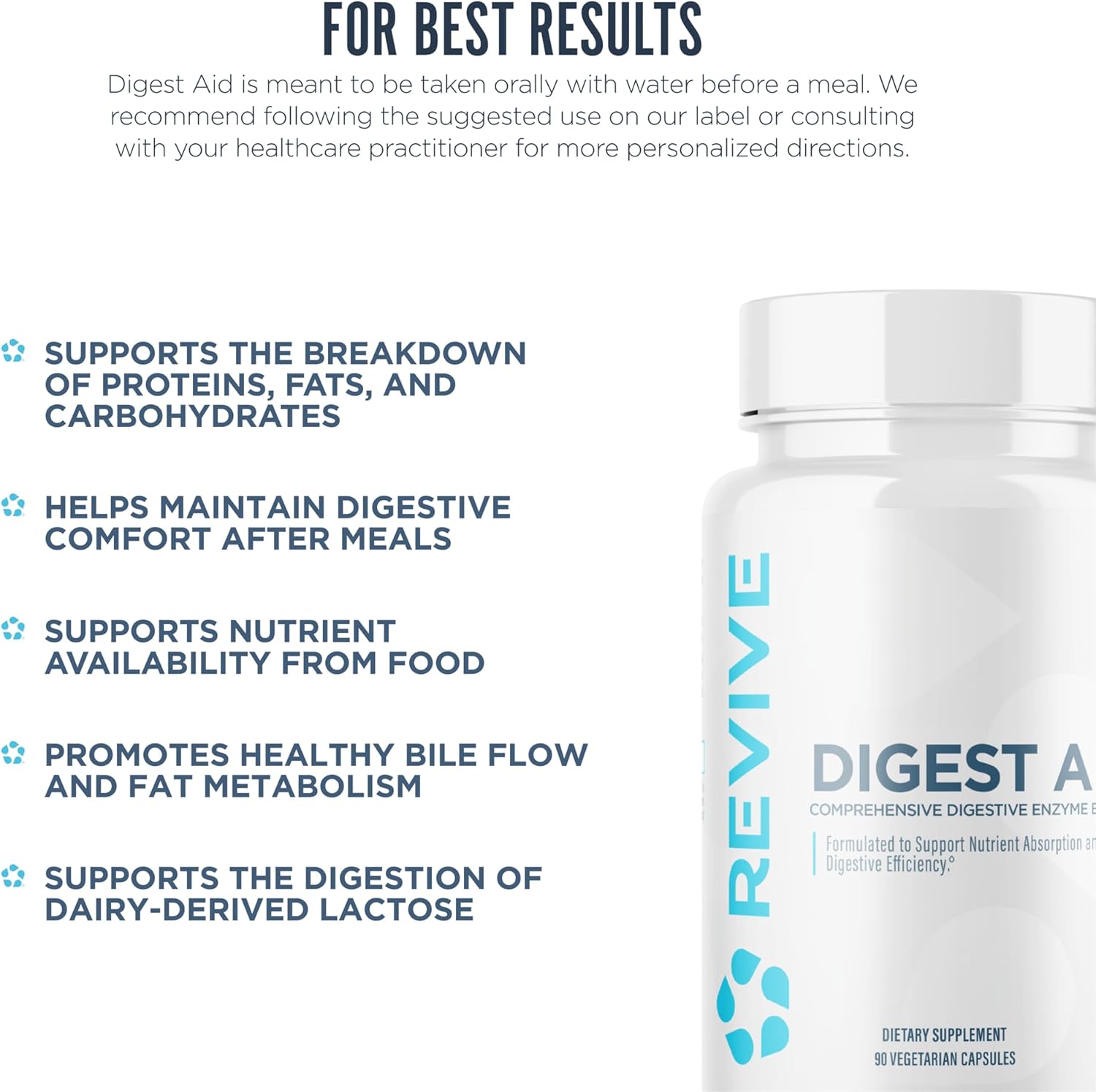 Revive MD Digest Aid, Digestive Support Supplement for Men & Women - Comprehensive Digestive Enzyme Blend with Probiotics & Prebiotics for Gut Health & Healthy Digestion - 90 Capsules