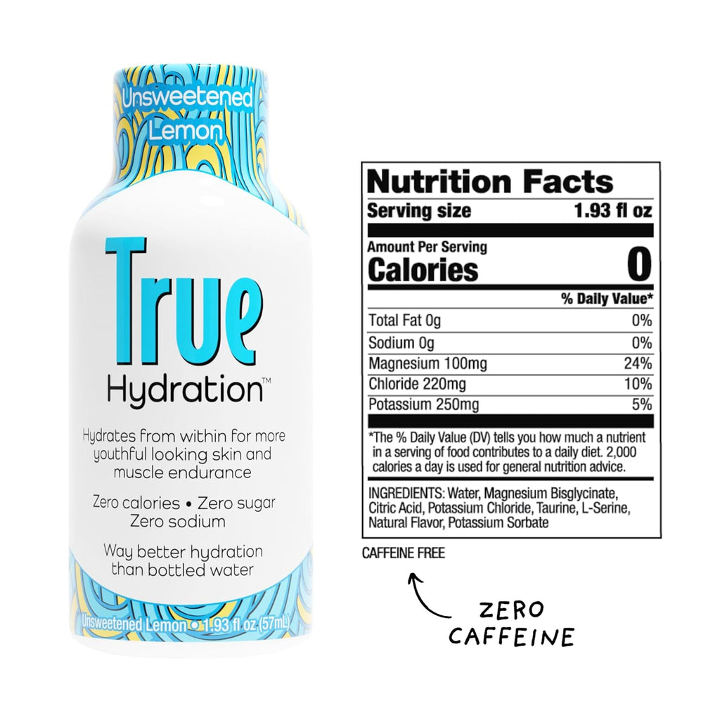 True Hydration Shots Unsweetened Lemon Flavor – 24 Pack of 1.93 fl oz Shots – Electrolytes – Amino Acids – Zero Sugar – Zero Sodium – Vegan – Gluten-Free Hydration