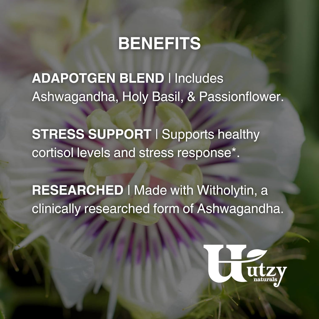 Utzy Naturals Adapto-Calm | Stress Support Formula | with Ashwagandha, Tulsi Holy Basil, and Passionflower | 60 Capsules