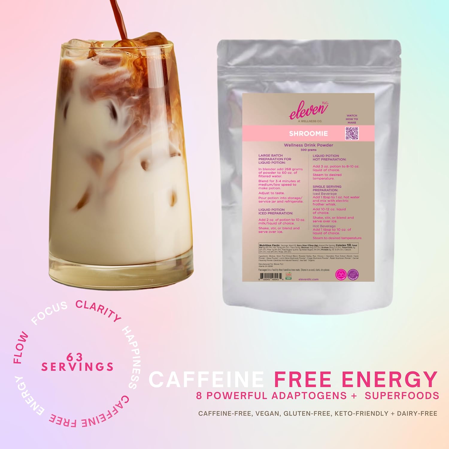 Eleven TLC, Shroomie Master Mind Mushroom Coffee Alternative, 7 Superfoods, Chaga, Reishi + Lion's Mane, Dandy Blend, Energy, Focus, 63 Servings