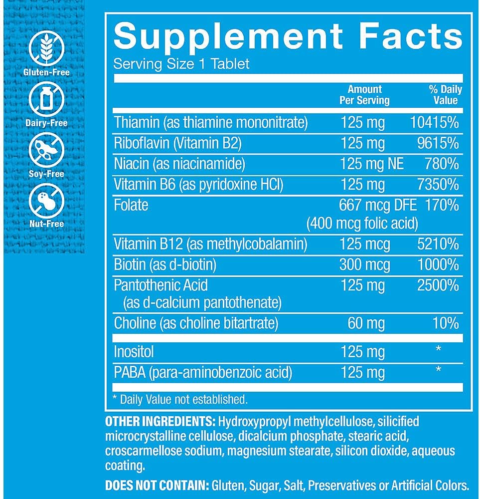 The Vitamin Shoppe B-Complex 125 – Supports Energy Production, Nervous System Function & Nutrient Metabolism – Excellent Source of B1, B2, B6, B12, Niacin, Folic Acid & Biotin (300 Tablets)