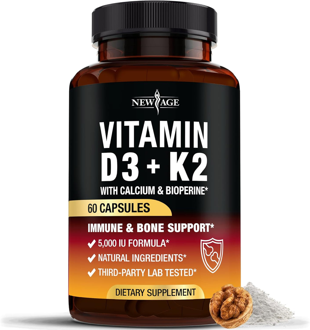 Vitamin D3 5,000 IU + K2 MK-7 100 mcg - 2-in-1 Bone, Immune & Heart Support, Easy to Swallow, Non-GMO - 60 Capsules