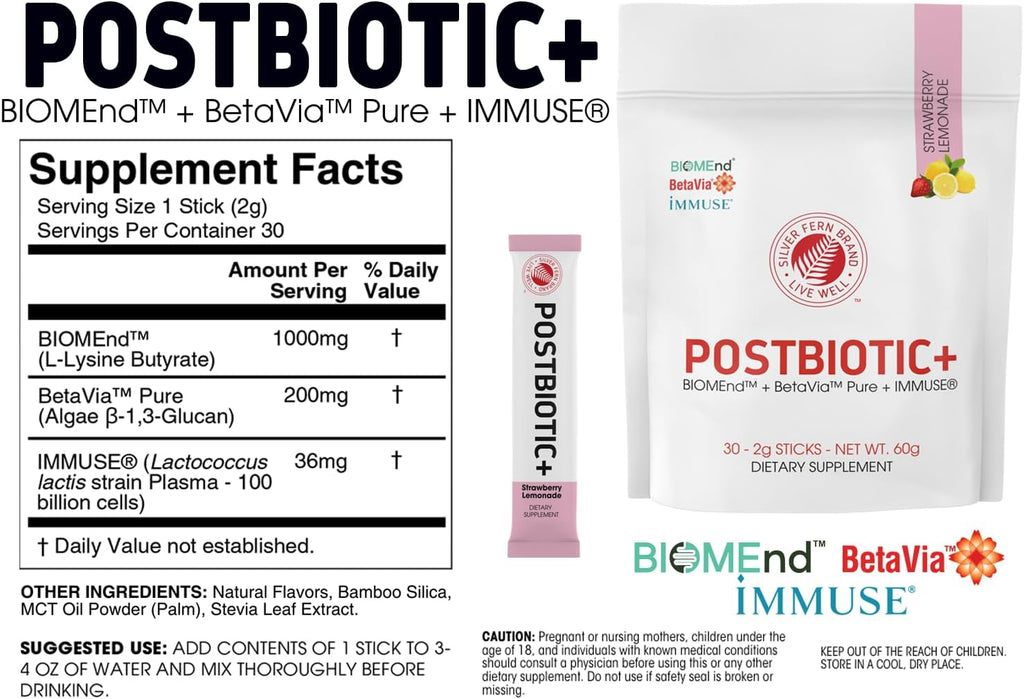 Silver Fern Brand Postbiotic+ Strawberry Lemonade Powder – Postbiotic Supplement with BIOMend™, BetaVia™, and Immuse® – Supports The Digestive System & Overall Wellness – 30 Stick Packs