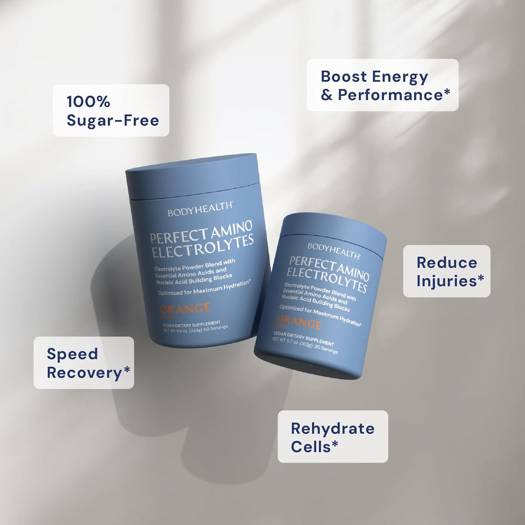 BodyHealth PerfectAmino Electrolytes Powder No Sugar, Keto Sugar Free Fasting Electrolytes Drink Mix, Hydration Powder with Trace Minerals - Orange - 30 Servings