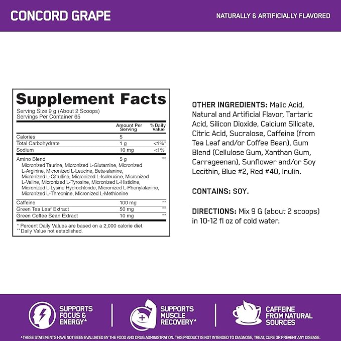 Optimum Nutrition Amino Energy Powder: Concord Grape (65 Servings) with Essential Amino Energy Plus Electrolyes Sparkling Drink: Grape (12 Cans) - Bundle Pack