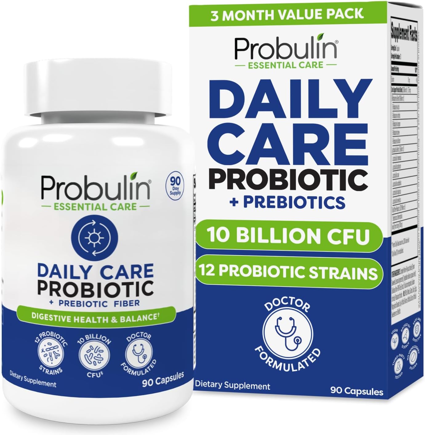 Probulin Daily Care Probiotic Supplement, Digestive, Gut, and Immune Health Support Capsules for Men and Women, 10 Billion CFU, Vegan, 90 Count Bottle