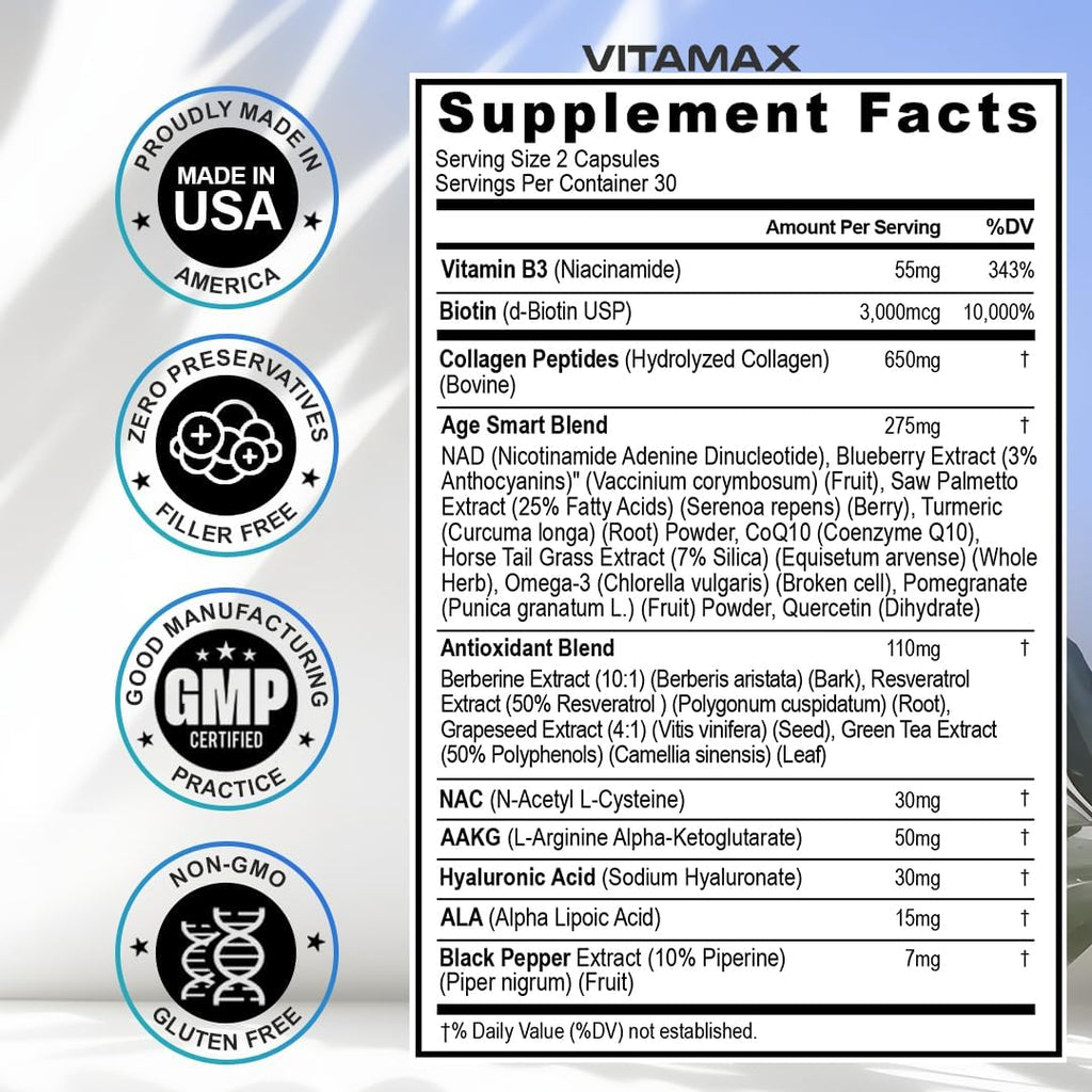 Resveratrol NAD+ Berberine Hyaluronic Acid - Biotin Grape & Blueberry + NAC - Collagen Peptides - Hair, Nail, Skin & Joint Supplement - 21-in-1 Women and Men - Made in USA - 120 Count