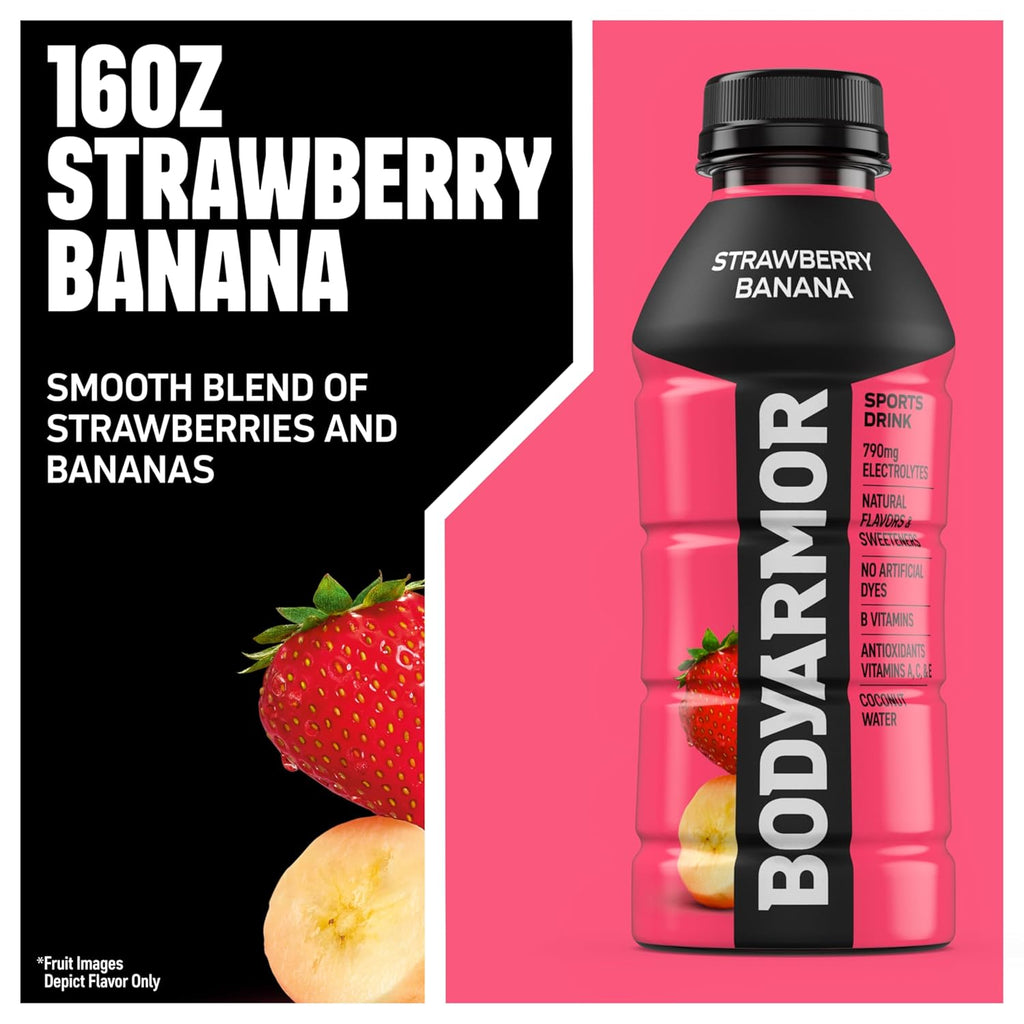 BODYARMOR Sports Drink Sports Beverage, Strawberry Banana, Coconut Water Hydration, Natural Flavors With Vitamins, Potassium-Packed Electrolytes, Perfect For Athletes, 16 Fl Oz (Pack of 12)