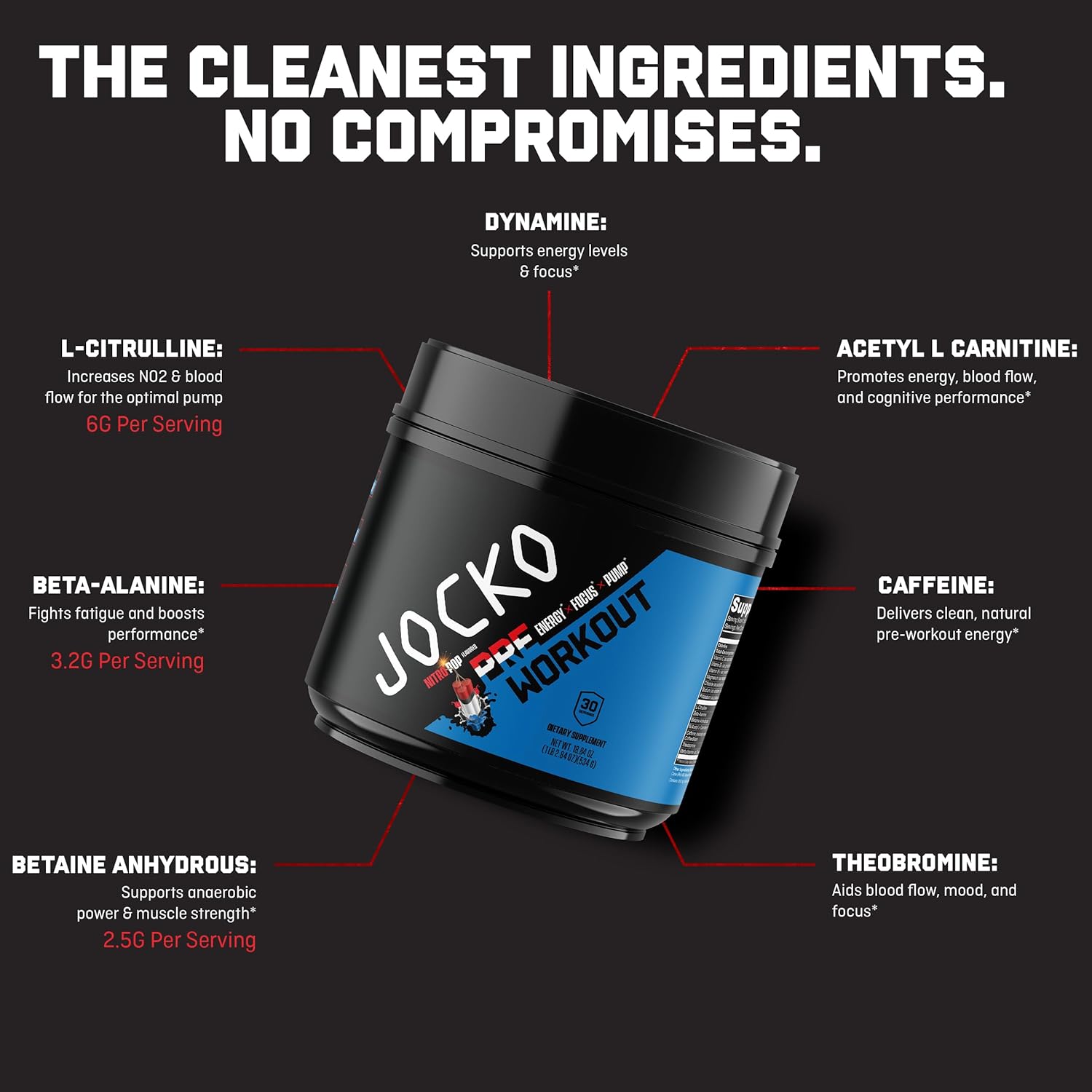 Jocko Fuel Pre Workout for Men & Women - High Stim Low Sugar Blend with Beta Alanine + L-Citrulline, Support Muscle Pump, Energy, & Recovery, 200mg of Caffeine Nitro Pop, 30 Servings 1.31lbs (594 G)