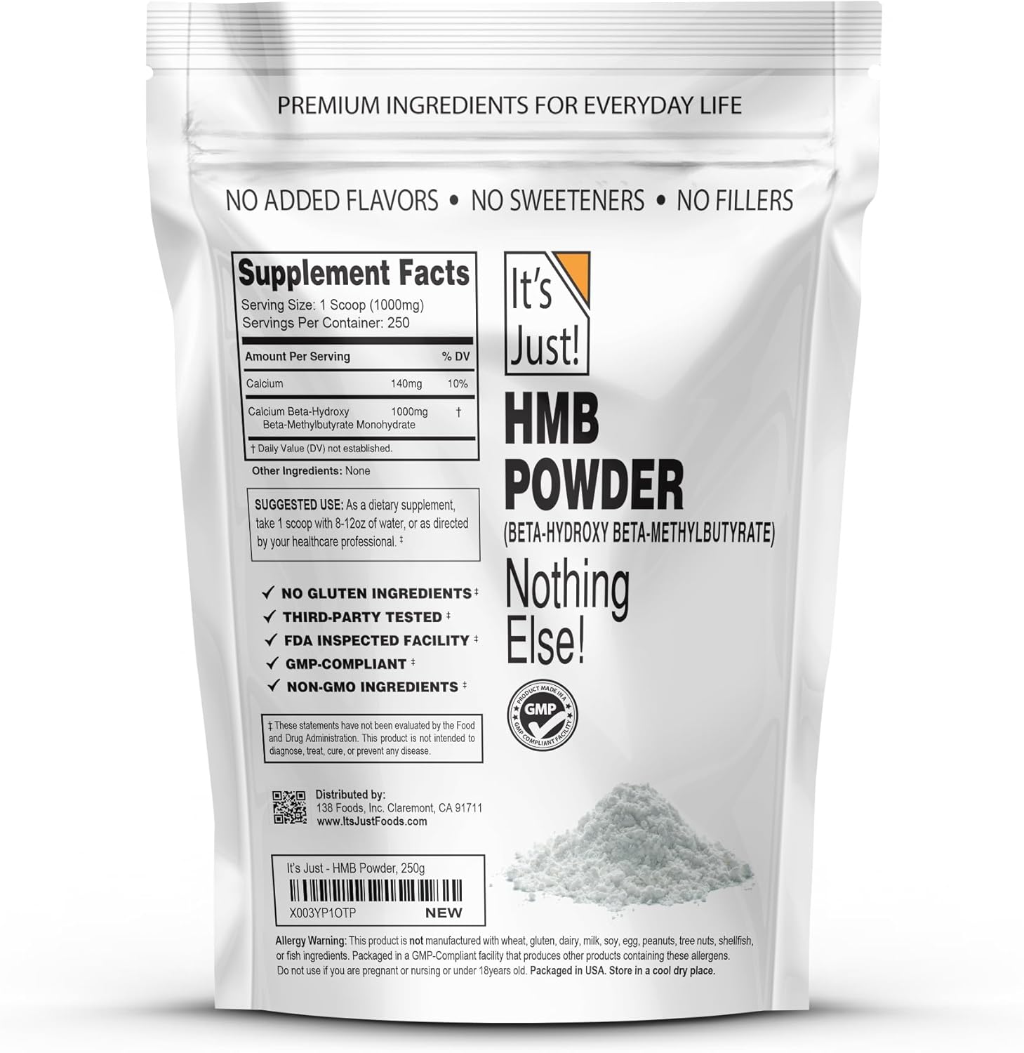 It's Just! - HMB Powder, 250g, Beta-Hydroxy Beta-Methylbutyrate, as Calcium HMB, Batch Tested Gluten Free, Non-GMO, Heavy Metal Tested, Keto Friendly (Unflavored, 250g)