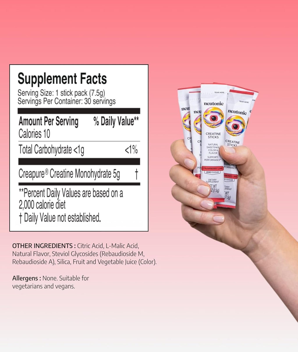 neutonic Creatine Monohydrate | Strawberry Lime Flavored | Premium Micronized Creapure Creatine Powder | Supports Strength and Power | Zero Sugar, Vegan | Convenient Single-Serve Packets | 30 Sticks